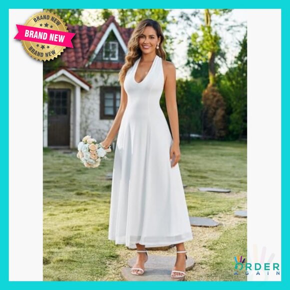 Elegant Floral Maxi Dress Halter V Neck Backless Formal Wedding Guest Wear - Picture 6 of 6